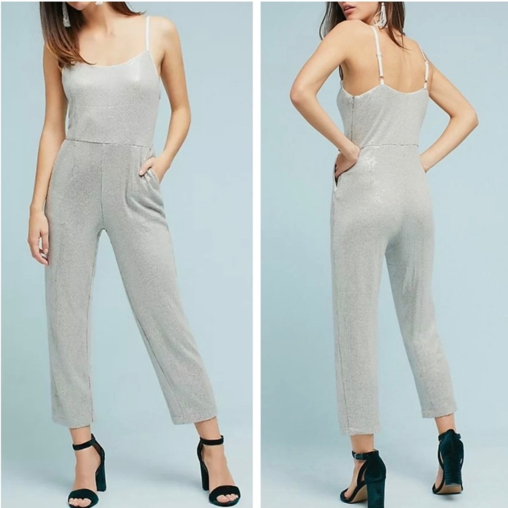 Anthropologie Claudette Sequin Sequin T-Shirt Knit Romper Jumpsuit Silver Size 2